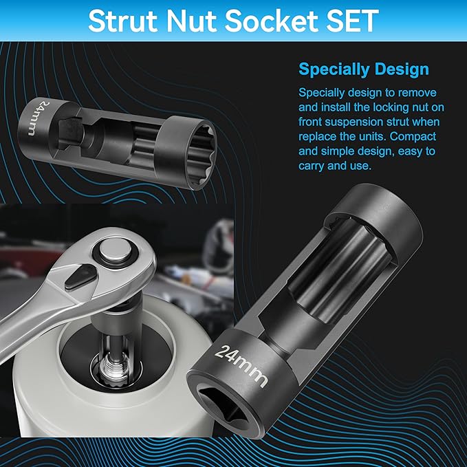 Suspension Strut Socket Tool,5PC Strut Nut Socket 18mm 19mm 21mm 22mm 24mm with 12 Point 1/2" Drive, Easy Remove Strut Nuts