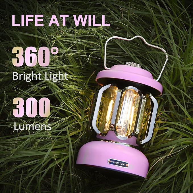 Rechargeable LED Camping Lanterns, Vintage Camping Lights Battery Operated, Portable Retro Metal Glamping Lights for Hiking, Hurricane, Decoration, Power outages, Pink, 1 Pack