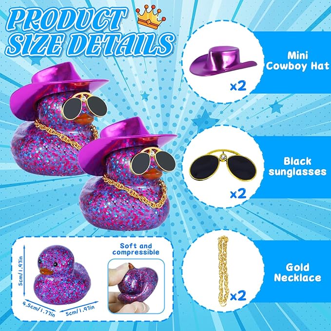 BOZILY Cowboy Rubber Duck with Purple Glitter Hat, Gold Necklace & Diamond Sunglasses - Fashionable Car Dashboard Decor, Office Desk Accessory, Squeaky Stress Reliever Gift Set (2 Pack)