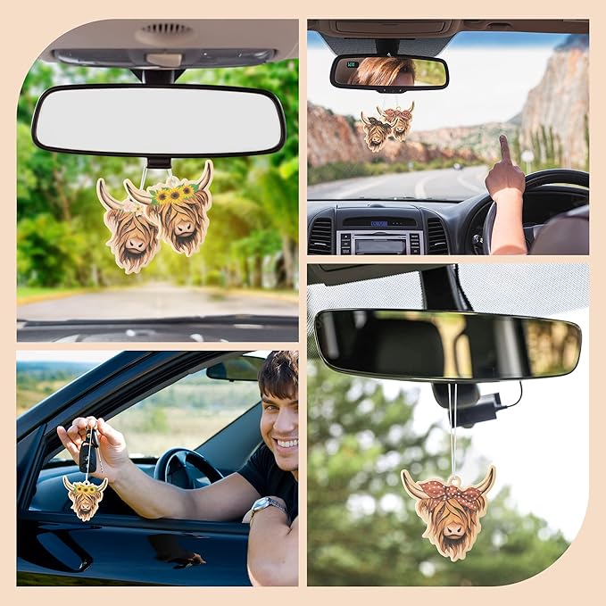 ANGOLIO 4Pcs Highland Cow Air Freshener Car Hanging Gifts for Women Funny Highland Cow Print Car Accessories Hanging Ornament Vent Decoration Aromatic for Party Supplies