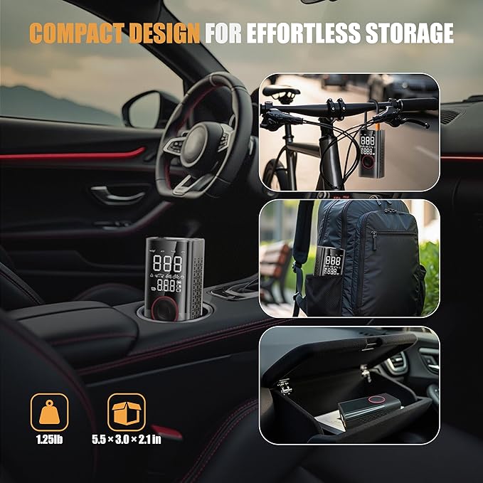 Tire Portable Air Compressor, Max 150PSI Cordless tire inflator with a digital pressure gauge, auto shut-off & LED light. Compact pump for car, bike, motorcycle, and ball