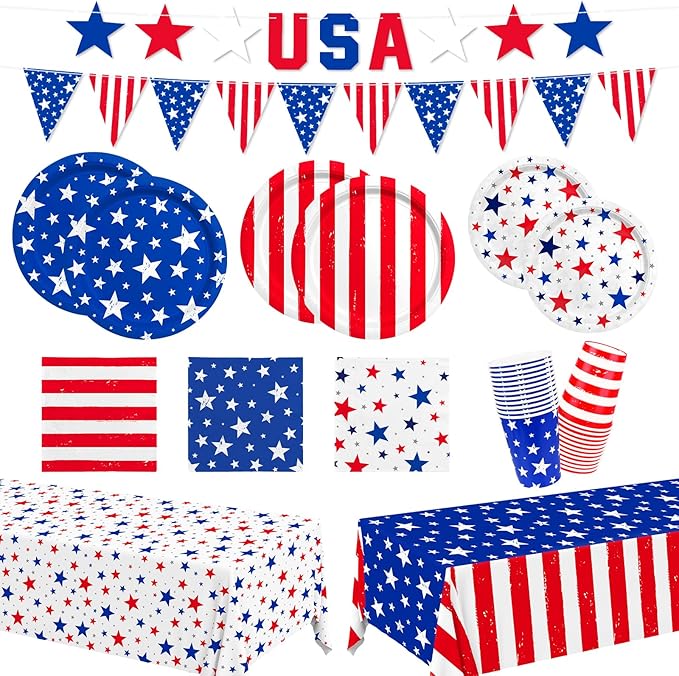 4th of July Party Supplies Set, Patriotic Theme Kit for Independence & Election Day Decorations, Includes Plates, Napkins, Cups, Banner, Tablecloth -Patriotic & 4th of July Party Decorations-24 Guests