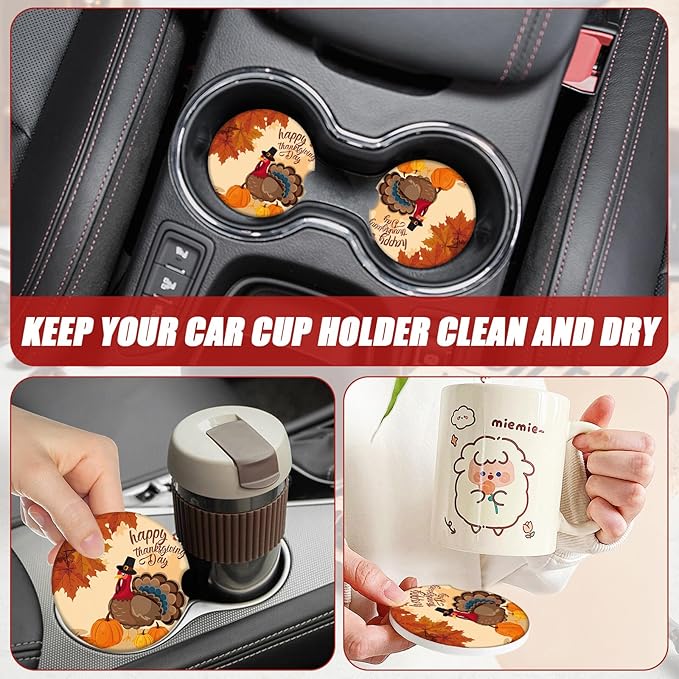 Thanksgiving Turkey Car Coasters for Cup Holders, Fall Pumpkin Absorbent Ceramic Car Coaster Car Cup Holder Coaster Car Accessories for Women Men (2 Pack)