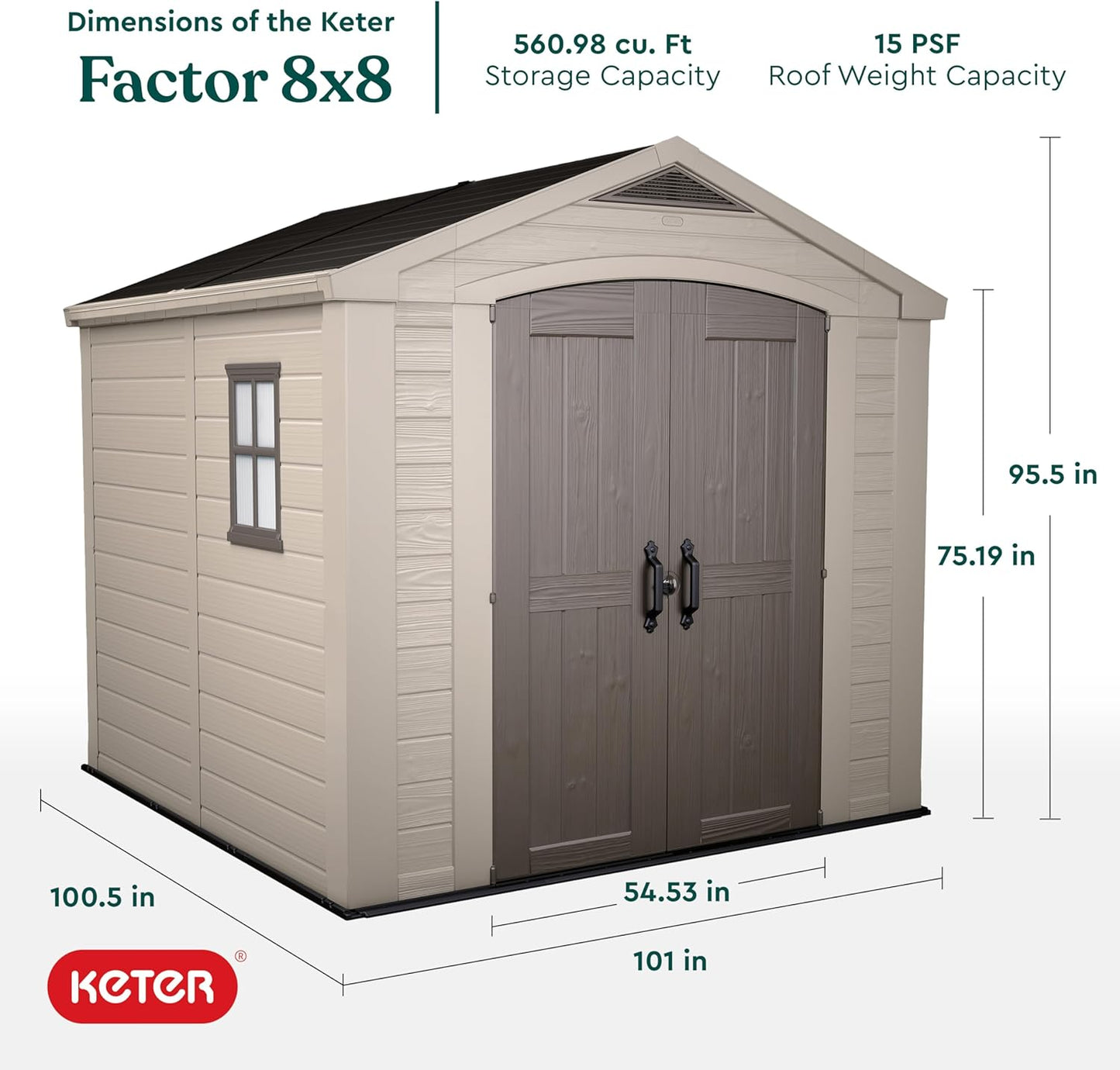 Keter Factor 8x8 Foot Large Resin Outdoor Shed with Floor for Patio Furniture, Lawn Mower, and Bike Storage, Taupe & Brown