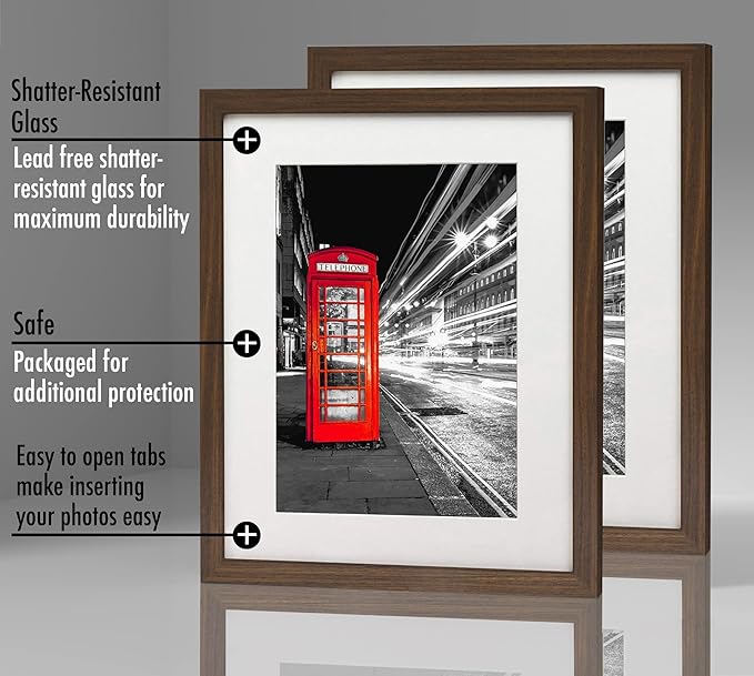 Americanflat 11x14 Picture Frame with Shatter-Resistant Glass - Set of 2 - Use as 8x10 Frame with Mat or Display 11x14 Photo Without Mat - Signature Collection - Picture Frames for Wall - Walnut