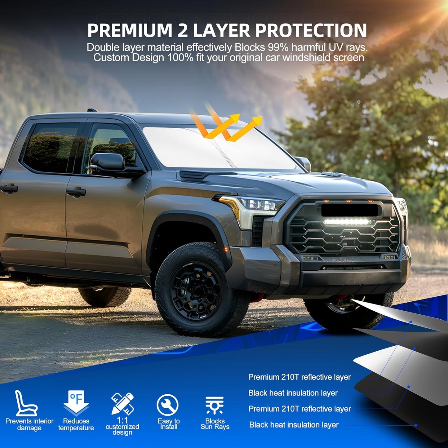 Windshield Sun Shade for Toyo-ta Tundra (Limited, SR5, Platinum, TRD Pro) 2022-2025 2026 Foldable Sunshade Custom Fit Front Window Car Interior Accessories Protector Blocks UV Rays