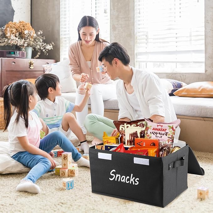 Snack Organizer for Pantry Shelf, Fabric Snack Organizer with Double Lids & Handles, Large 2-Compartment Snack Bin Snack Holder, Snack Basket for Chips Packets, Snack Bar Station Decor -Black