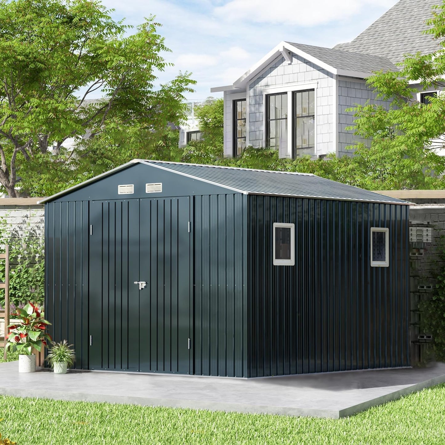Breezz Outdoor Storage Shed 10X10FT. Utility Tool Shed Metal Storage Garden Shed with Lockable Doors, Windows & Metal Frame Floor for Patio Storage, Nightblue