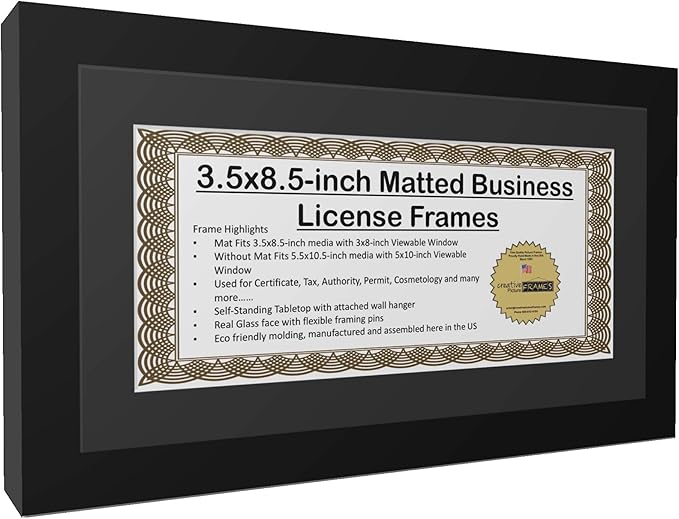 Creative Picture Frames [5.5x10.5bk-b] Black Business License Certificate Frame for Professionals Holds 3.5 by 8.5 with Black Mat Includes Self Standing Easel Back with Hanger