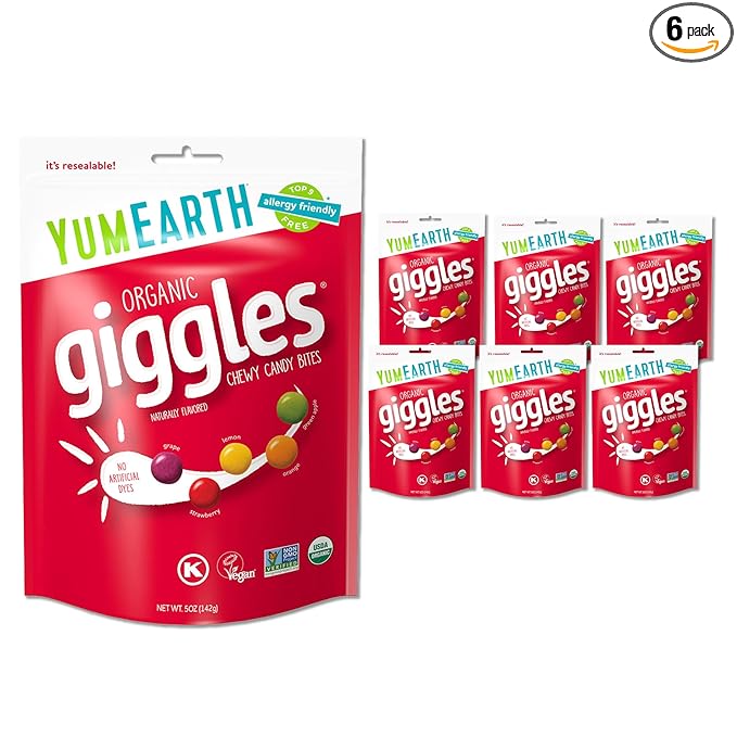 YumEarth Organic Giggles Chewy Candy - Allergy Friendly (Top 9 Free), No Artificial Dyes or Flavors, Non GMO, Gluten Free, Vegan Candy Snacks - 5 Ounce Bag (Pack of 6)