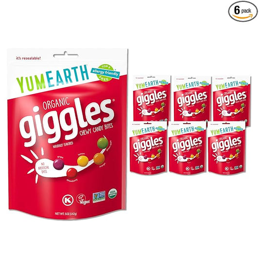 YumEarth Organic Giggles Chewy Candy - Allergy Friendly (Top 9 Free), No Artificial Dyes or Flavors, Non GMO, Gluten Free, Vegan Candy Snacks - 5 Ounce Bag (Pack of 6)
