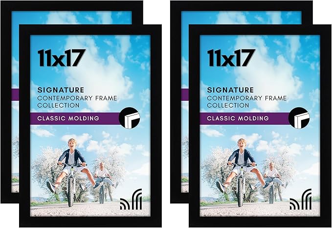 Americanflat 11x17 Picture Frame with Shatter-Resistant Glass - Set of 4 - Signature Collection - Gallery-Style Frames Made of Engineered Wood - Picture Frames for Wall Display - Black