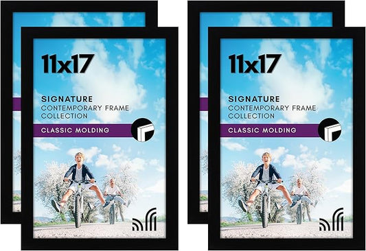 Americanflat 11x17 Picture Frame with Shatter-Resistant Glass - Set of 4 - Signature Collection - Gallery-Style Frames Made of Engineered Wood - Picture Frames for Wall Display - Black