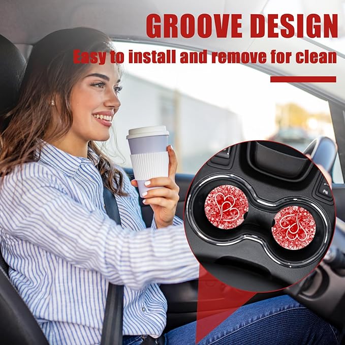 Valentines Love Heart Car Coasters for Cup Holders, Absorbent Ceramic Car Coaster Car Cup Holder Coaster Car Accessories for Women Men (2 Pack)