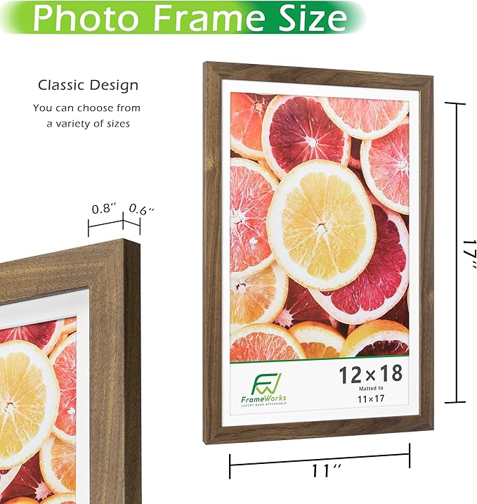 FrameWorks 2-Pack, 12x18 Matted to 11x17 Picture Frame, Dark Oak ??Classic Wooden Photo Frame with Tempered Glass, Modern Matte Finish for Prints, Posters, Certificates & Wall Decor ??Gallery-Ready