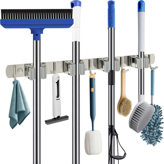 Wall Mounted Broom and Mop Organizer, Heavy Duty Stainless Steel Storage Rack for Brooms, Mops, Tools Space Saving Home Garage Organization (4 Racks with 5 Hooks)