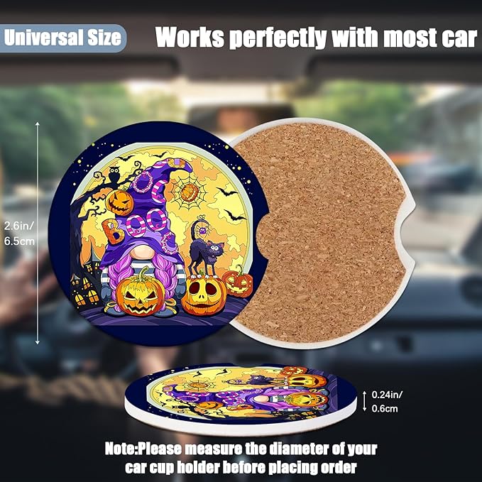 Car Cup Holder Coaster - Halloween Pumpkin Gnomes Absorbent Ceramic Coaster, Car Coasters for Cup Holders, Auto Accessories for Women & Men, Pack of 2