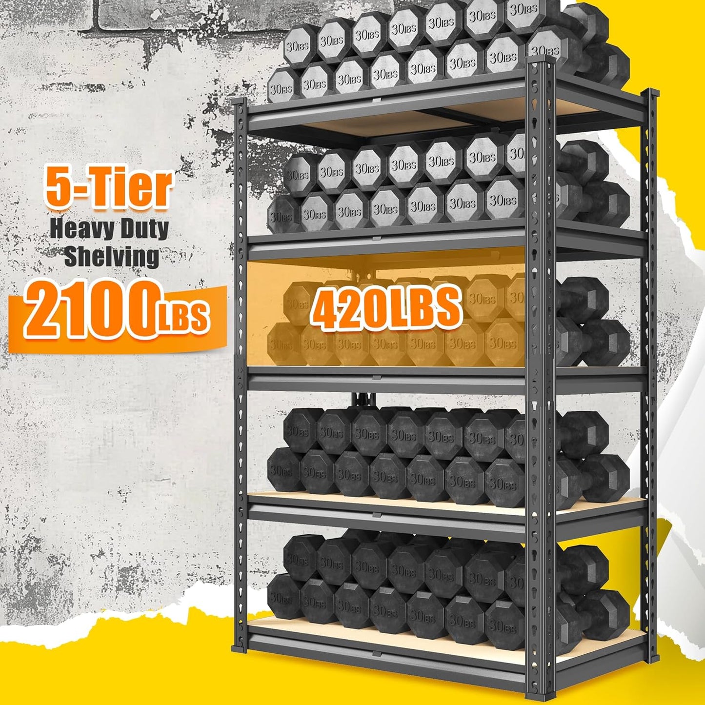 72.12" H Garage Shelving, Storage Shelves Load 2100LBS, 5-Tier Adjustable Shelving Unit with Thickened Wooden Boards for Multiple Scenarios, 72.12" H x 35.55" W x 11.85" D, Black, 2 Pack