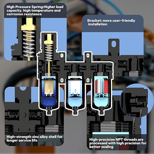 NEWPO 1/2" Three Stage Air Drying System Compressed Air Filter Regulator for Spray Guns,Air Pressure Regulator Combo 5＆0.5&0.01 Micron Filter Cartridge,Semi-Auto Drain, Metal Bracket Black