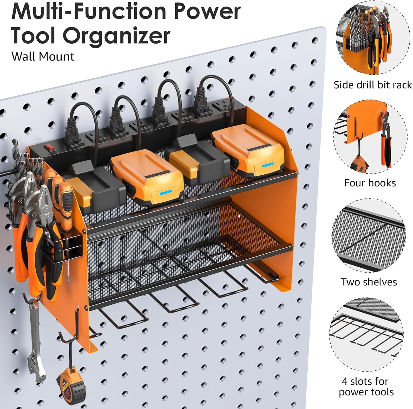 CCCEI Modular Power Tool Organizer Wall Mount with Charging Station. Garage 4 Drill Storage Shelf with Hooks, Drill Bit Heavy Duty Rack, Orange Tool Battery Holder Built in 8 Outlet Power Strip.