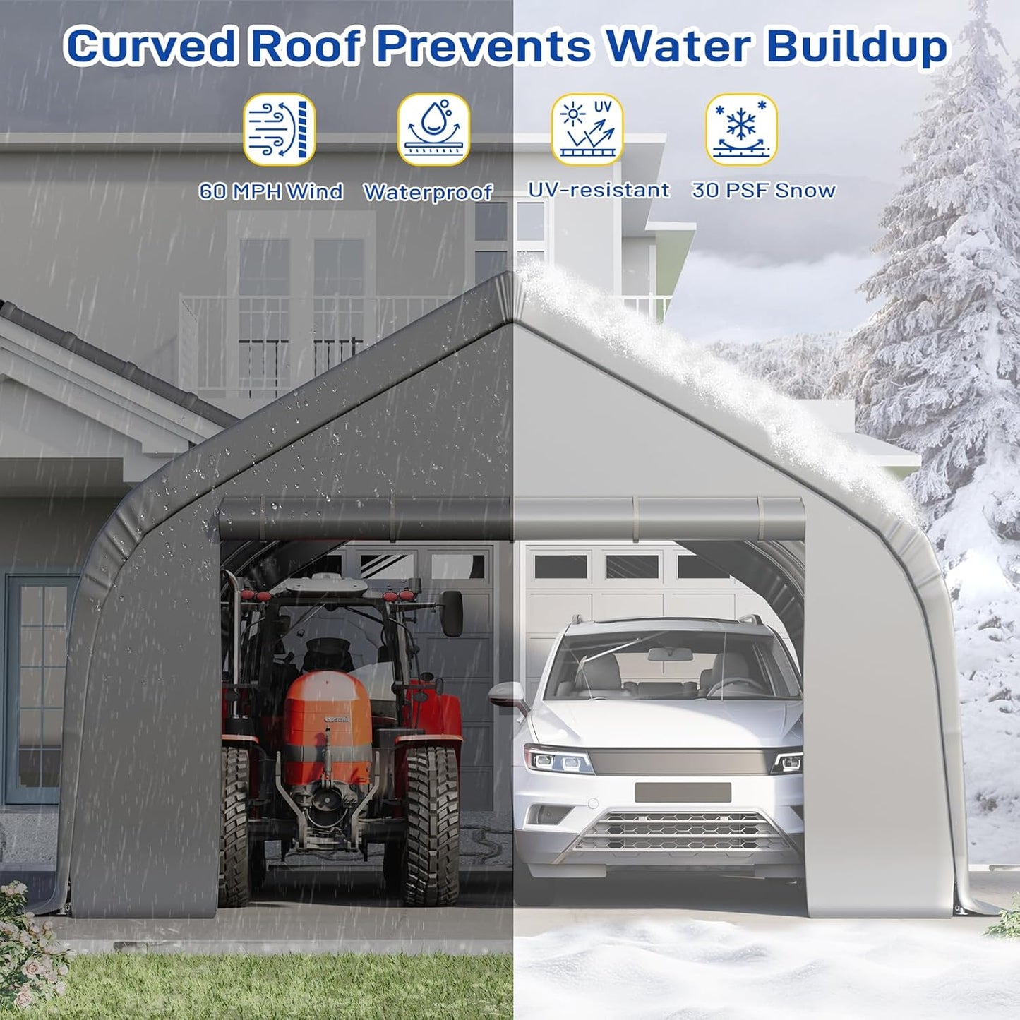 EROMMY 20x20 FT Heavy Duty Durable Carport, Galvanized Steel Frame Garage Shelter and Outdoor Storage, Waterproof 3-Layer PE Cover, Fits 2 Cars, Boat, Farm Equipment, Silver Gray