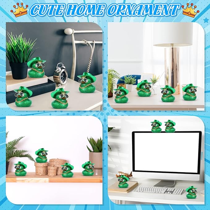 BOZILY Glitter Rubber Ducks with Cowboy Hat & Diamond Sunglasses - Car Dashboard Decor for Adults, DIY Accessory with Gold Necklace and Double-Sided Tape, Green, Squeaky Sound Decoration