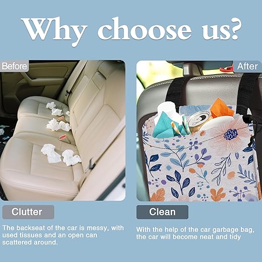 Spring Floral Car Garbage Bag,Watercolor Leaves Small Car Trash Bag Hanging,Drawstring Car Garbage Bag with Adjustable Buckle for Car Back Seat,SUVs,Camping,Road Trips