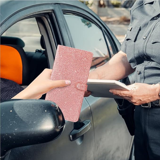 Car Registration & Insurance Card Holder Leather Auto Glove Box Organizer Document Wallet with Magnetic Shut (Glitter Rose, large)