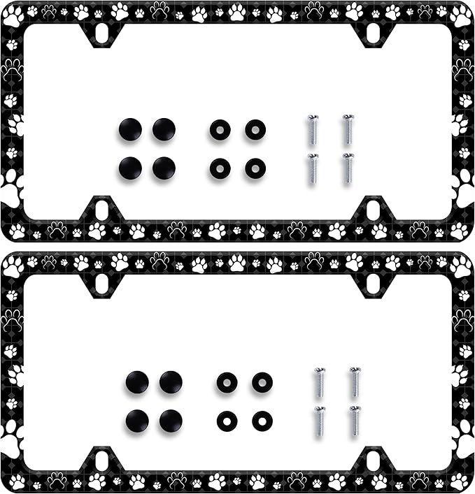 2 Pieces Dog Cat Paw License Plate Frame Pet License Plate Frames Personalise Stainless Steel Funny Design Compatible with Standard License Plate Holder for USA and Canada 6 X 12 with Screws