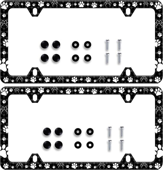 2 Pieces Dog Cat Paw License Plate Frame Pet License Plate Frames Personalise Stainless Steel Funny Design Compatible with Standard License Plate Holder for USA and Canada 6 X 12 with Screws