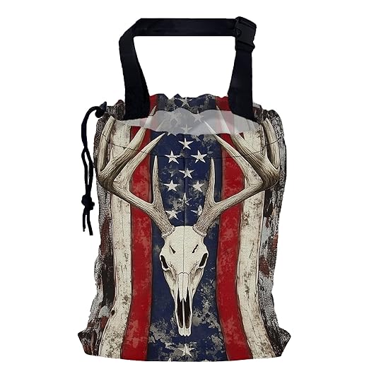 Bucks Antlers Skull Car Garbage Bag,American Flag Small Car Trash Bag Hanging Back of Seat,Drawstring Car Trash Bag with Adjustable Buckle,Car Accessories for Camping Travelling