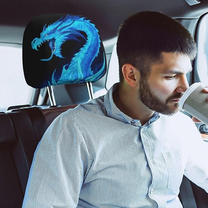 Dujiea 2 Pack Fire Blue Dragon Car Headrest Covers, Universal Soft Car Seat Head Rest Cover Protector, Vehicle Accessories Fabric Headrest Cover for Cars Vans Trucks
