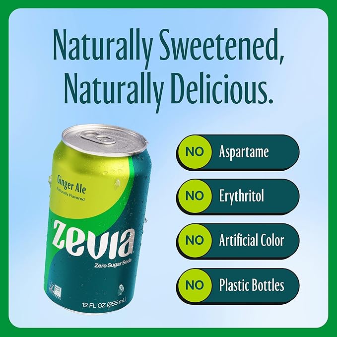 Zevia Zero Sugar Soda, Ginger Ale, 12 oz Cans (24-Pack) – Naturally Sweetened, Non-GMO Project Verified, Gluten-Free, Vegan