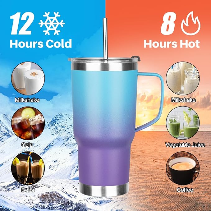 20 oz Tumbler with Handle, Stainless Steel Insulated Tumbler with Lid and Straw, Double Wall Vacuum Coffee Mug Tumbler, Insulated Coffee Thermal Cup for Cold and Hot（Blue Purple）