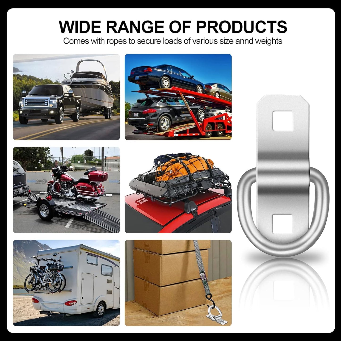 D-Rings, Truck Tie Downs Anchor 3/8" Heavy Duty 6000 Pound Steel Tie-Down Ring for Loads on Trucks, Trailers, Boats, RV Campers, Vans;for Kayaks, Motorcycles, Deliveries, ATVs （Pack of 6）