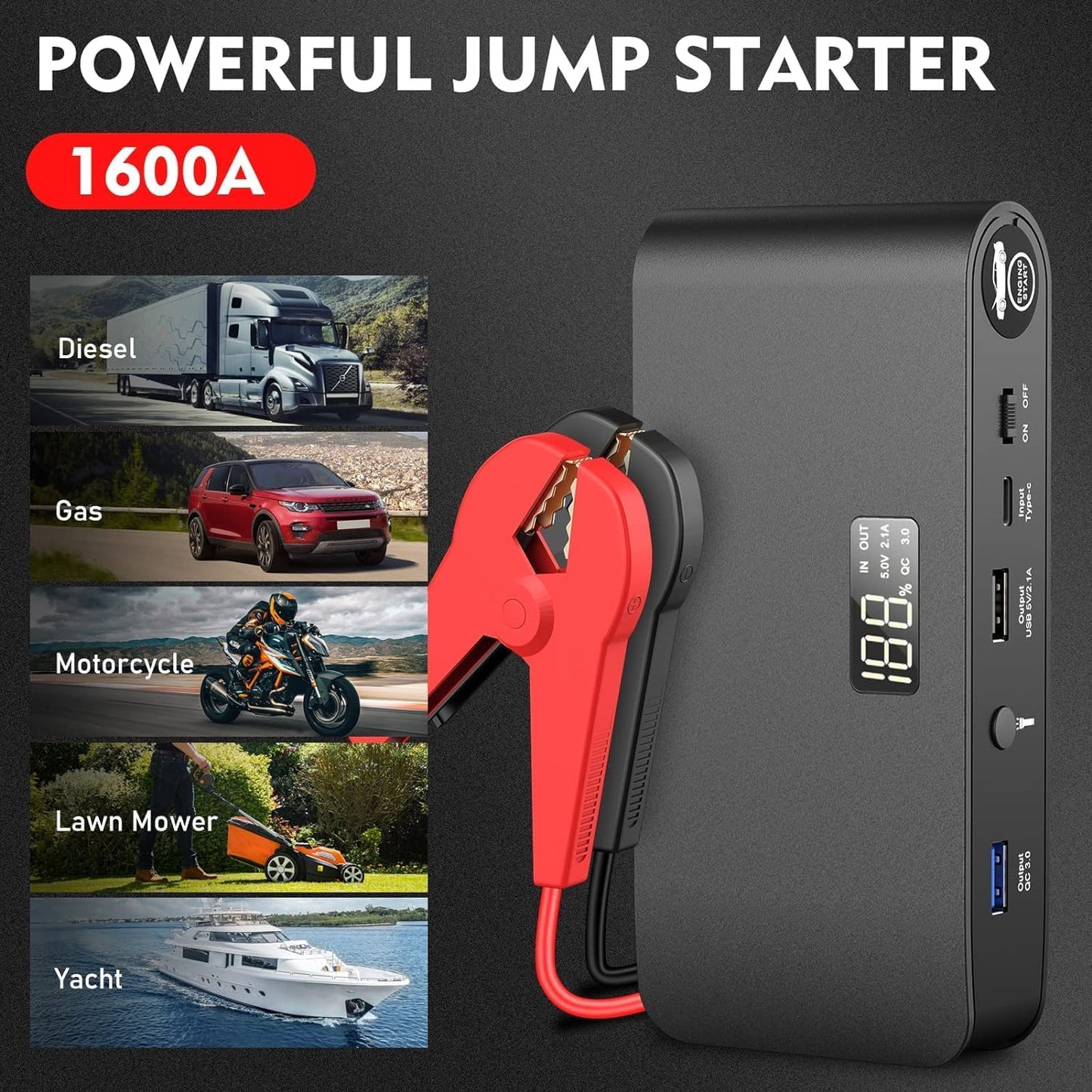 BOOKOO Car Battery Jump Starter, 3000 Amps Jumper Starter for Car 7.2 L Gas | 5.5 L Diesel Engine, Power Bank Battery Backup with USB QC 3.0 | PD 18W Fast Charging,3 Flashlight Modes for Emergency Use