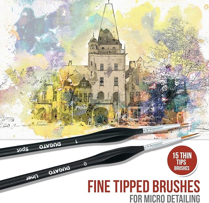 DUGATO Fine Detail Paint Brush Set (15pc) - Miniature Brushes with Ergonomic Triangular Handles & Travel Case for Acrylic, Watercolor, Oil, Models & Warhammer
