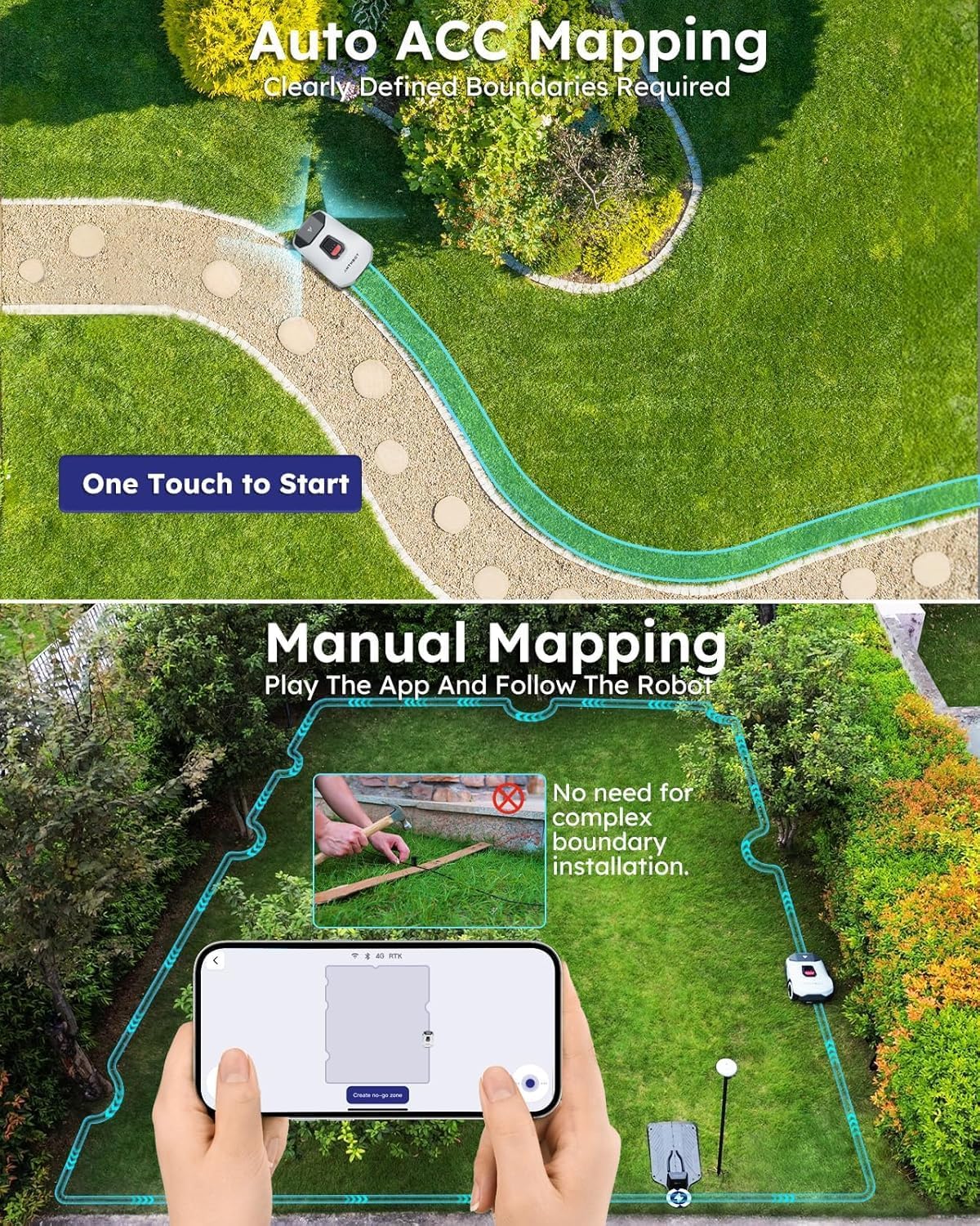 Genie3000 Robot Lawn Mower - NO Wire, Full Band RTK+4-Eye Vision Robotic Lawnmower for 0.91 Acre, Auto Mapping, Multi-Zone Management, Accurate Obstacle Avoidance, Intelligent Path Planning