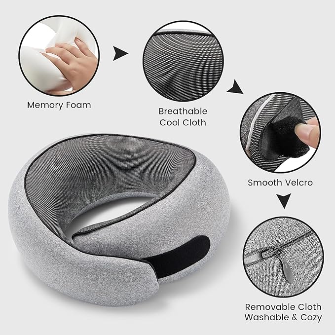 SZXYX Neck Travel Pillows for Airplanes, 100% Pure Memory Foam Neck Pillow for Airplanes, Comfortable Breathable Cover, 360° Support Stowable Pillows for Sleeping, Car, Airport Travel Essentials L