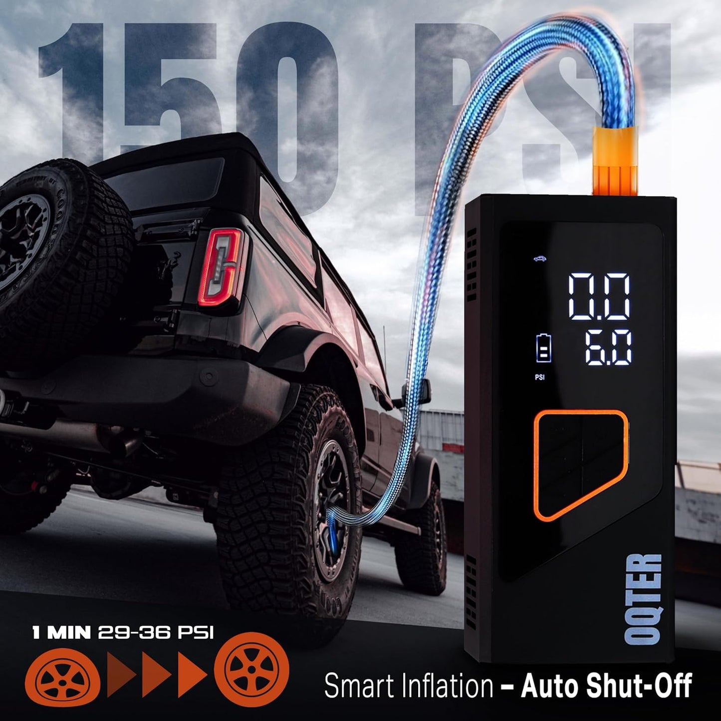 Tire Inflator Portable Air Compressor, 150PSI Portable Tire Inflator For Car, Air Pump for Car Tires with Tire Pressure Gauge Tools, 6000mAh Smart Pump Tire Inflator for Car, Motorcycle & Bike Pump