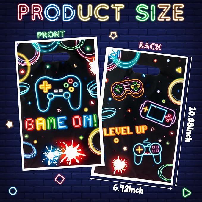 Video Game Party Favor Bags - 50Pcs Neon Video Gaming Goody Candy Treat Gifts Bags, Game on Theme Party Decorations for Kids Boys Girls Birthday Supplies