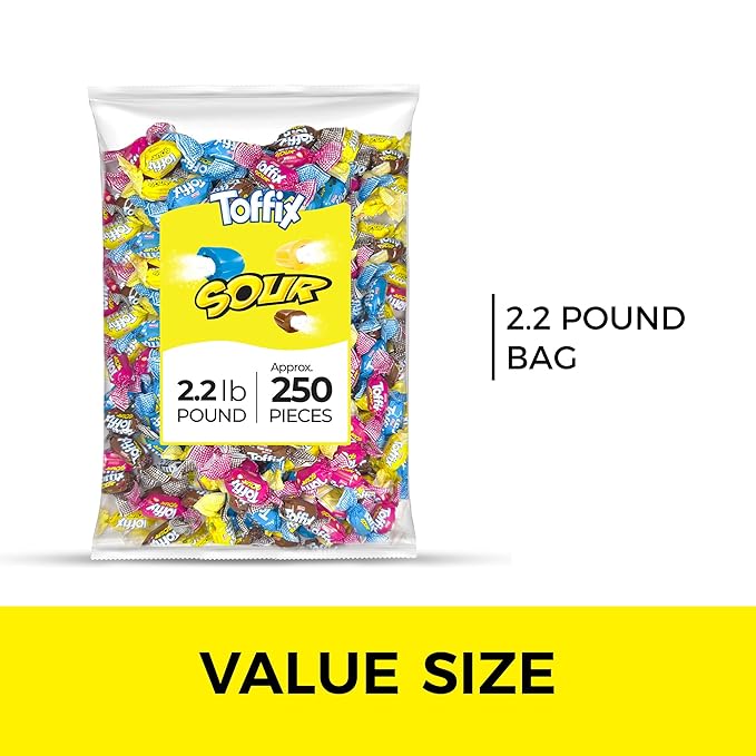 Toffix Sour Chews, Center-Filled Soft Chewy Candy, 250 Pieces of Individually Wrapped Snacks for Kids & Adults, Strawberry, Blueberry, Lemon & Cola Flavored Chewy Candies - 2 Pound Bulk Bag