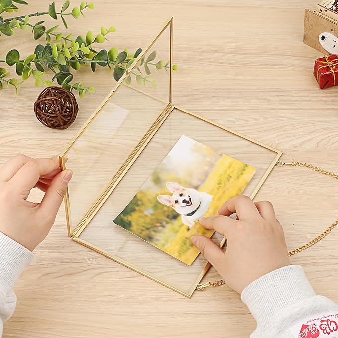 JUXYES 2 Pack Wall Hanging Business License Frame Brass Certificate Display Frames, Double Glass Floating Diploma Frames, Wall Golden Graduation Frame for 5.5x8.5 Inches Certificate Business Licenses