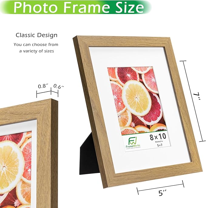 FrameWorks 2-Pack, 8x10 Matted to 5x7 Picture Frame, Golden Oak ??Classic Wooden Photo Frame with Tempered Glass, Modern Matte Finish for Prints, Posters, Certificates & Wall Decor ??Gallery-Ready