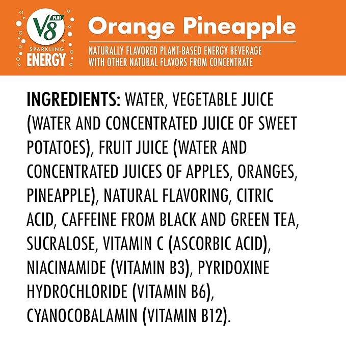 V8 +Energy Sparkling Orange Pineapple Juice Energy Drink, 11.5 fl oz Can (4 Pack)