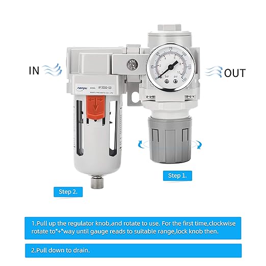 NANPU 3/8" NPT Compressed Air Filter Regulator Combo Piggyback, 5 Micron Element, Poly Bowl, Semi-Auto Drain, Bracket, Gauge (ARF3000)