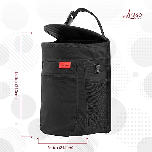 Lusso Gear Car Garbage Can - 2.5 Gal, Black Oxford - Leakproof & Waterproof Hanging Auto Trash Can with Removable Liner & Mesh Pockets - Boat Waste Container & Travel Organizer