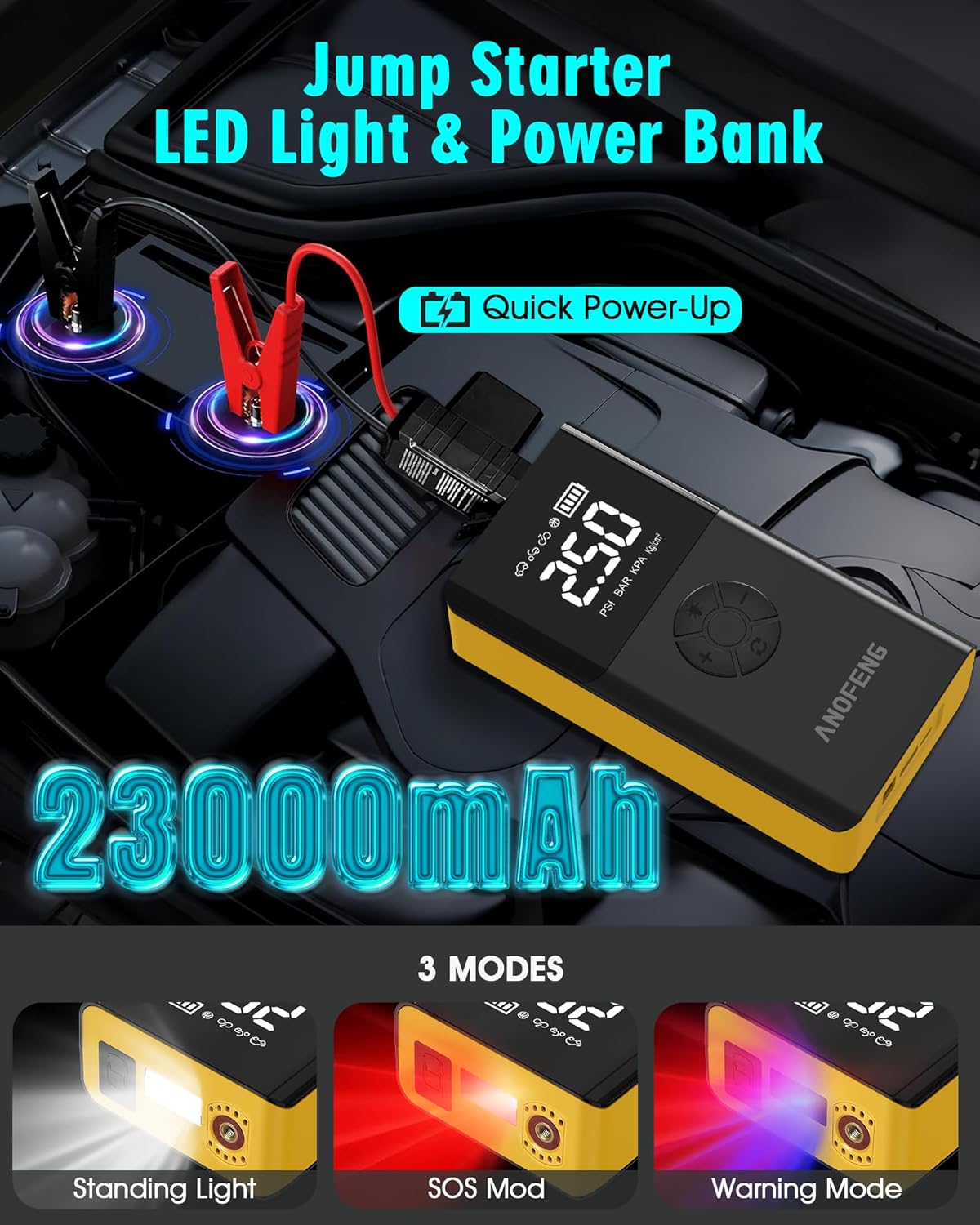 Portable Car Jump Starter with Air Compressor,4000A 150PSI 12V Car Battery Jump Starter,Jump Box Battery(10L Gas/8L Diesel),with Jumper Cables,3 Modes Flashlight,23000mah Power Pack,LCD Display