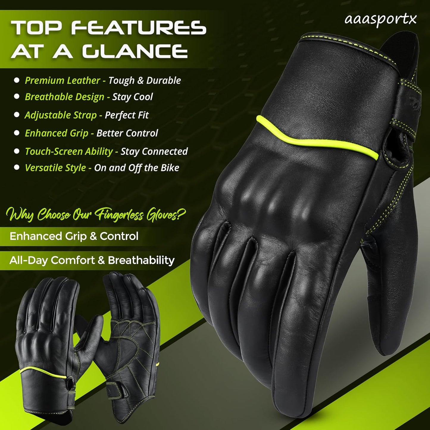 aasportx Motorcycle Gloves - Men's Leather Motorbike Gloves with Touchscreen Function - Non-Slip Pads for Men & Women