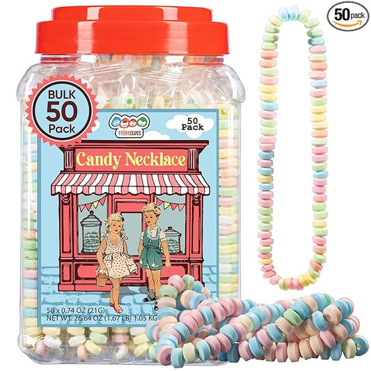 50 Candy Necklaces Individually Wrapped, Choker Style, Nostalgic Pastel Candy Jewelry Perfect for Party Favors, Pinata Fillers and Goodie Bags, Packed in a Convenient Display Tub, By 4YoreElves